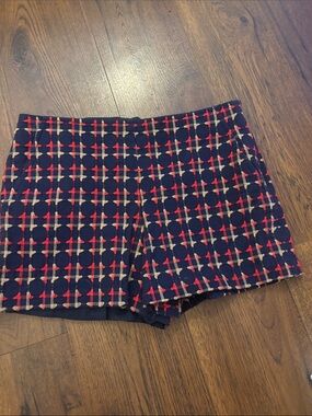Trina Turk Navy Plaid Tweed High Waist Shorts with Red Accents